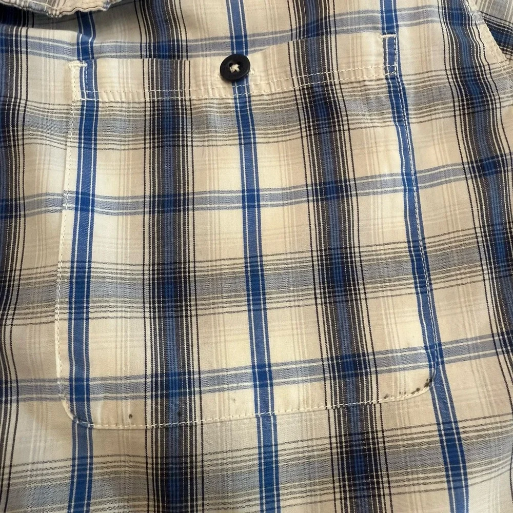 The North Face Mens Large Button Up Blue White Plaid SS Outdoor Casual READ‎